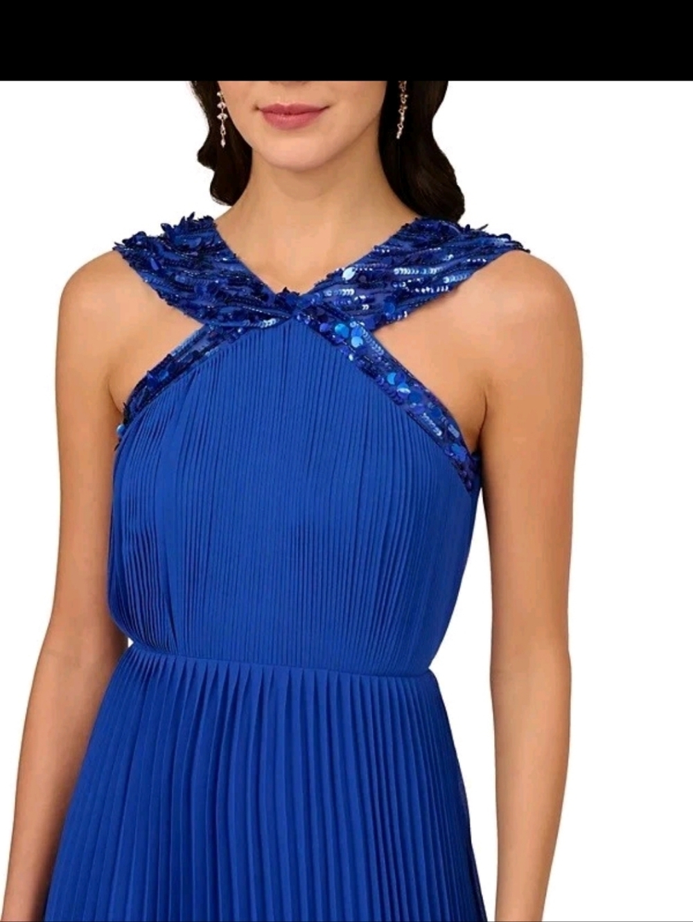 NWT Adrianna Papell Royal Blue Pleated Maxi Dress Sz 12 Sequin Sleeveless Formal - Picture 3 of 16